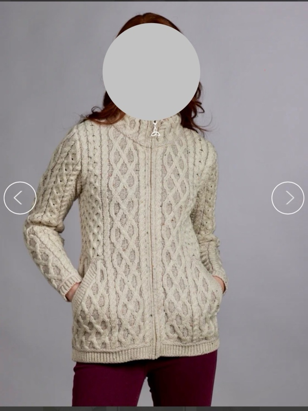 Oatmeal Aran Cable-Knit Zip Front Women’s Sweater